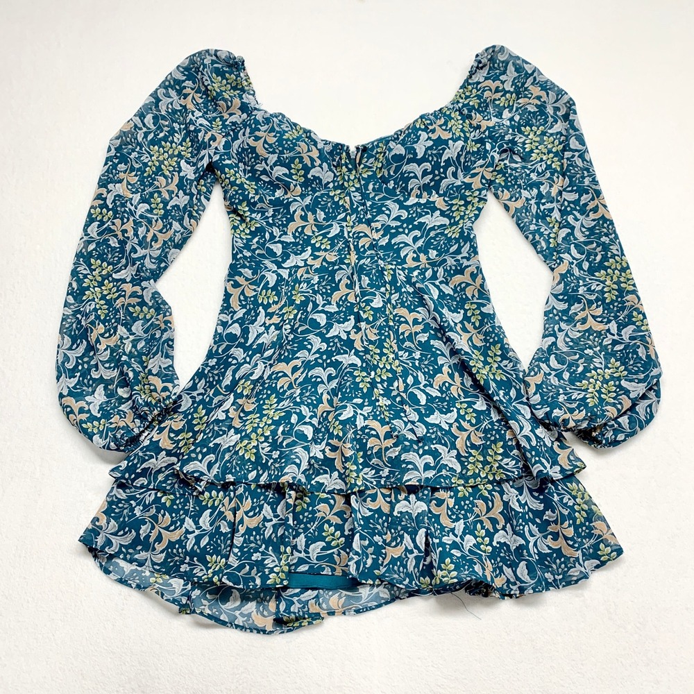 City Vibe Floral Tiered Ruffle Mini Dress Womens Sz 1 Teal Boho Chiffon
